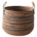 Round brown woven basket with charcoal stripes and handles