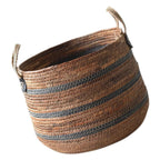 Round brown woven basket with charcoal stripes and handles