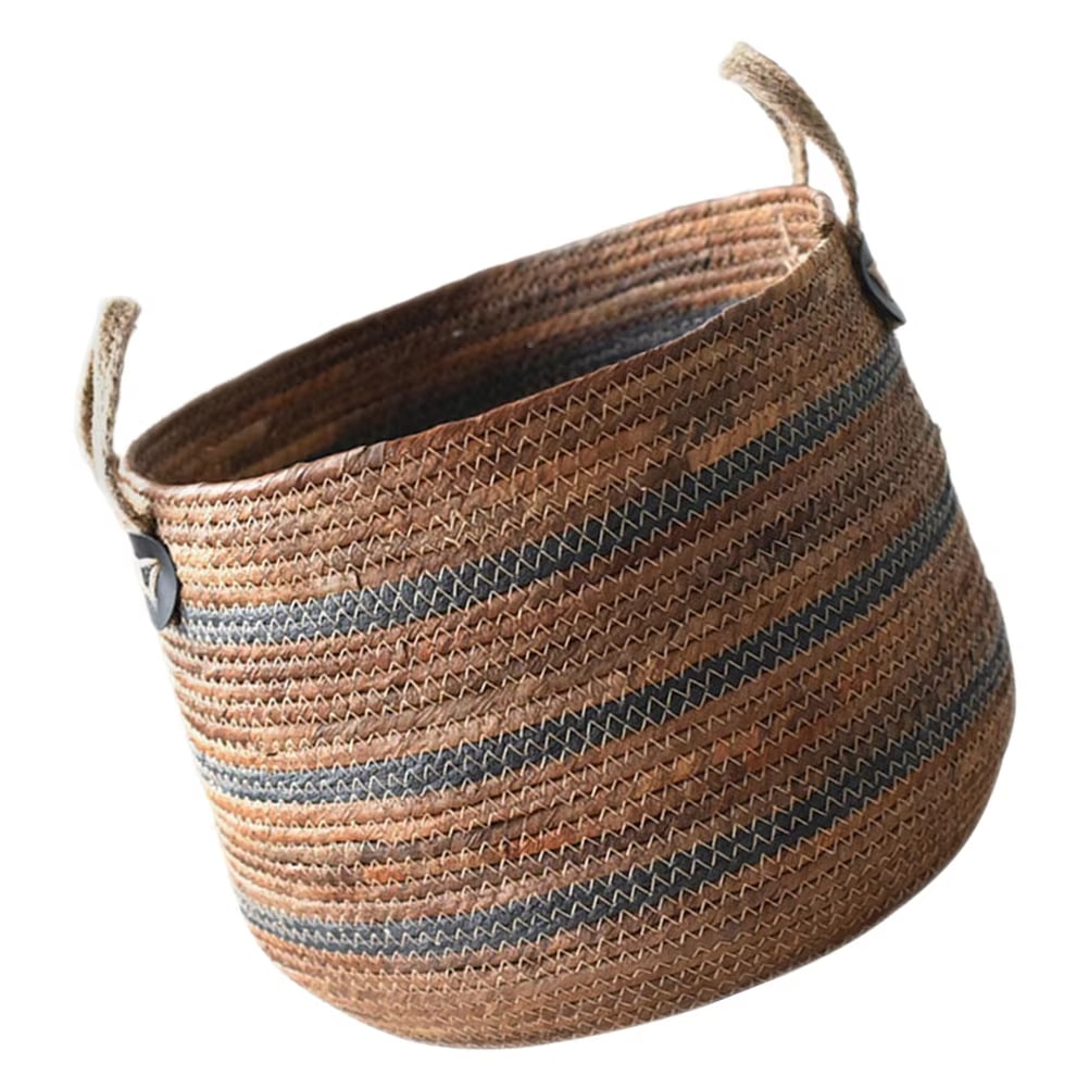Round brown woven basket with charcoal stripes and handles