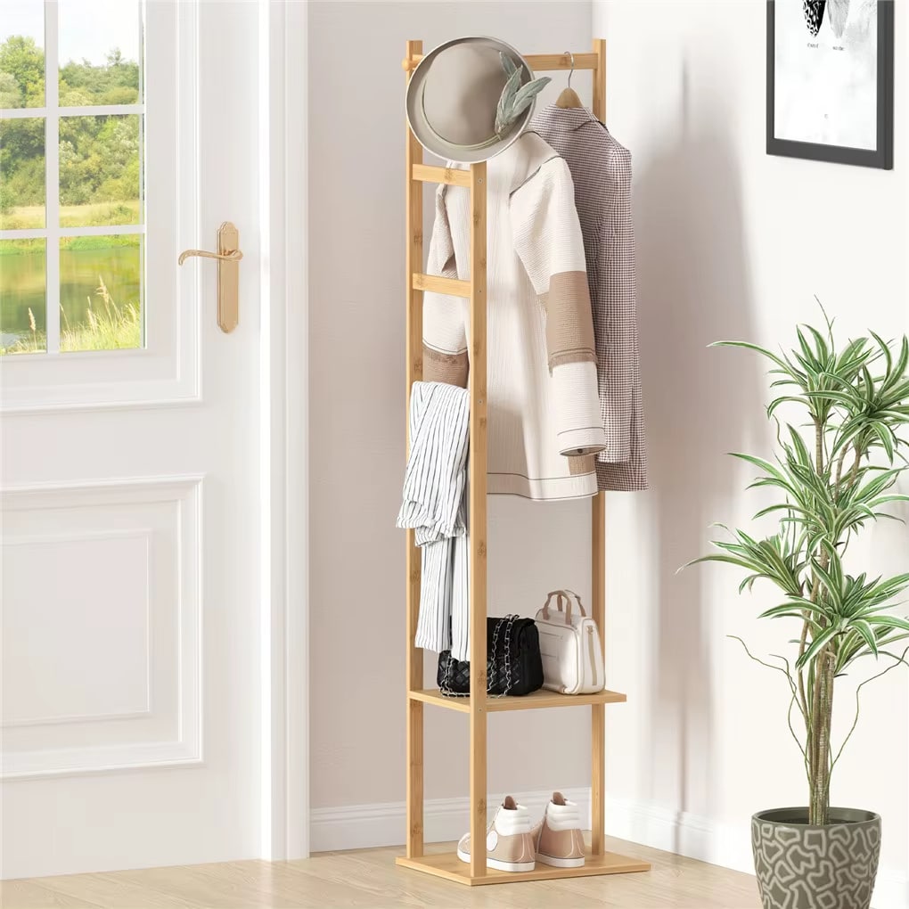 Slim vertical freestanding coat stand in natural beige bamboo