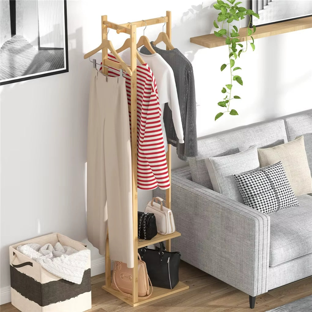 Slim vertical freestanding coat stand in natural beige bamboo