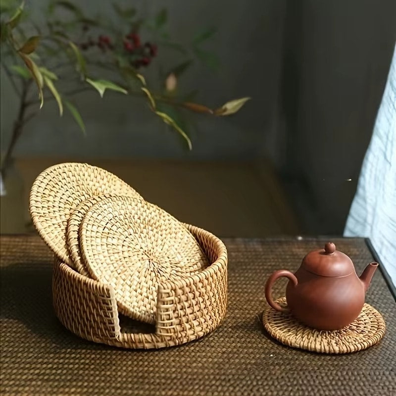 Round tightly woven rattan coaster in a warm honey brown