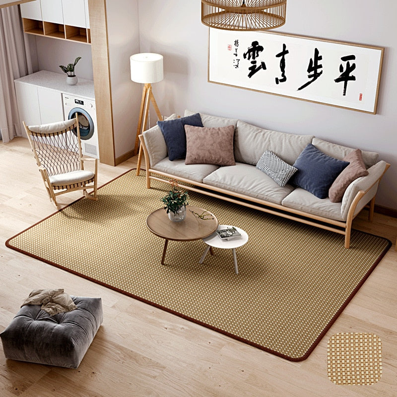 Green tatami mat with a brown border in a living room