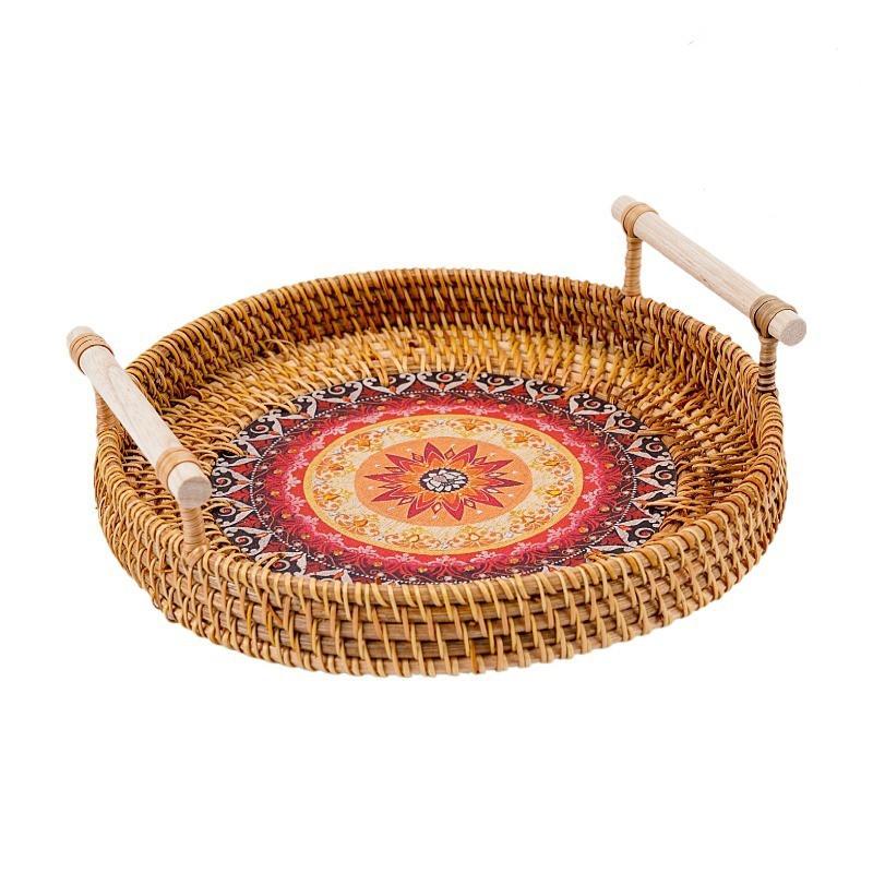 Round rattan tray with radiating sun weave and wooden handles