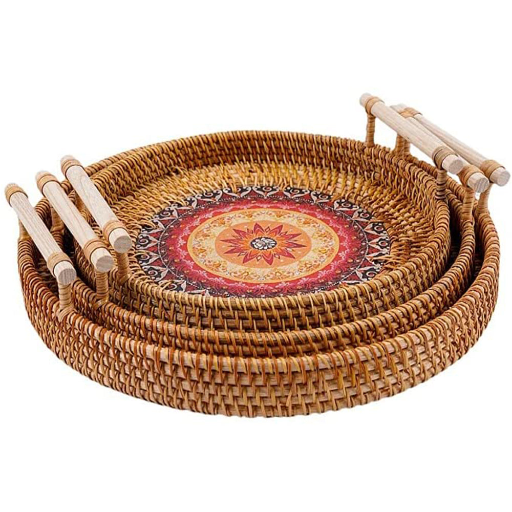 Round rattan tray with radiating sun weave and wooden handles