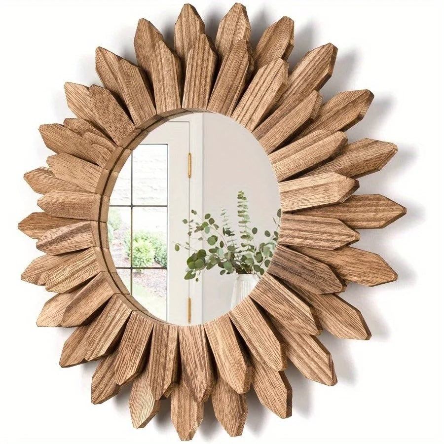 Round mirror surrounded by carved wooden sunflower petals