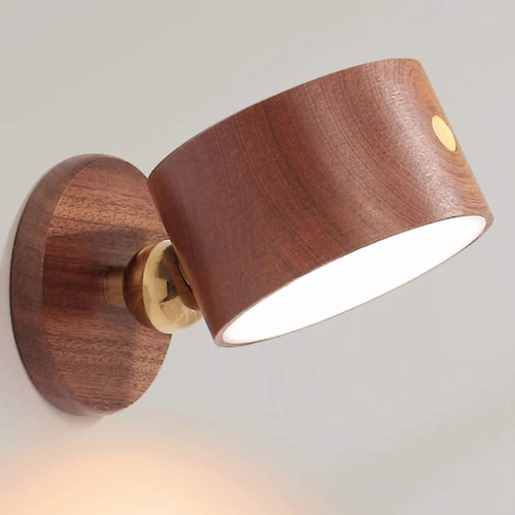 Wooden swivel wall reading light with a round shade