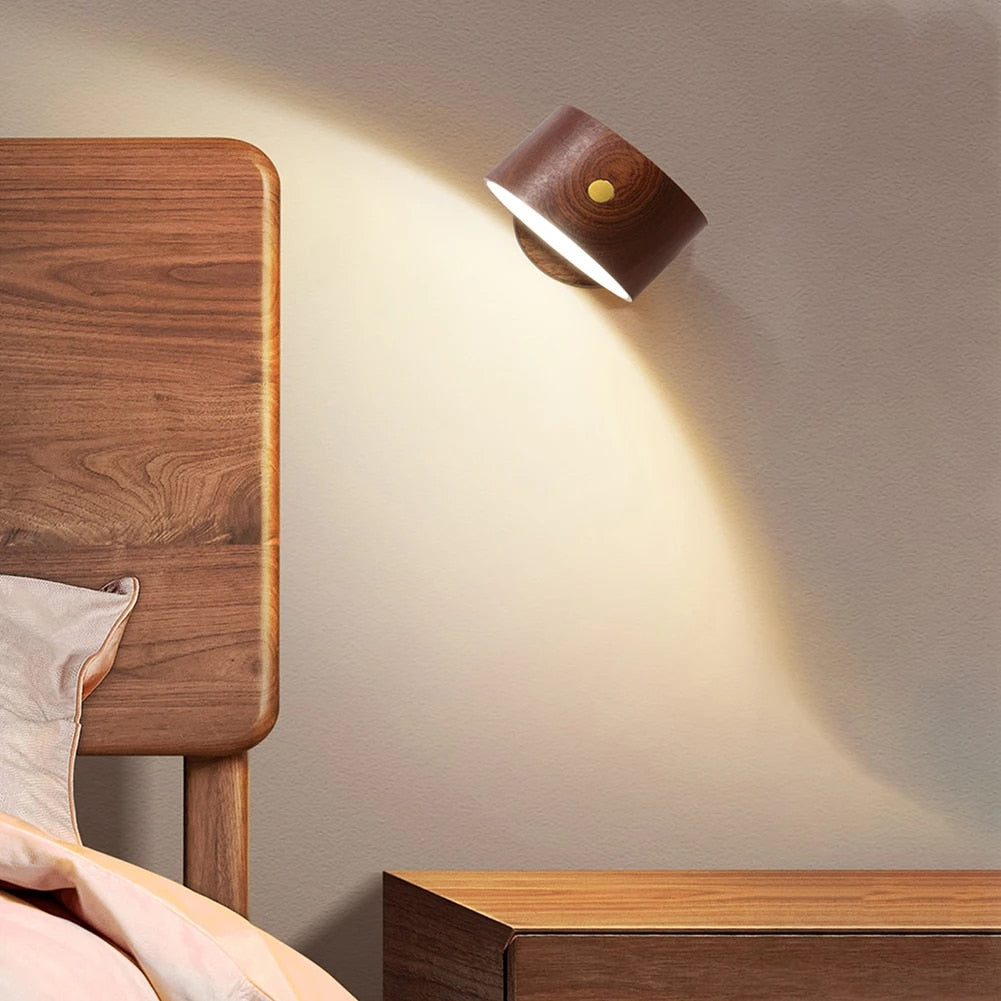 Wooden swivel wall reading light with a round shade