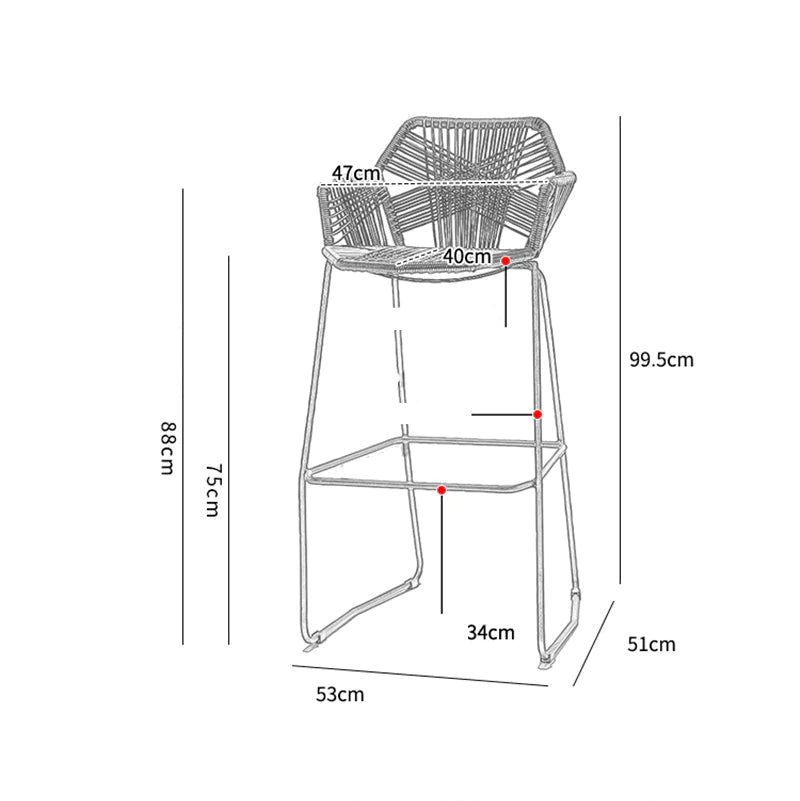 Bar chair with a hand woven beige synthetic rattan seat and hexagon back on black legs
