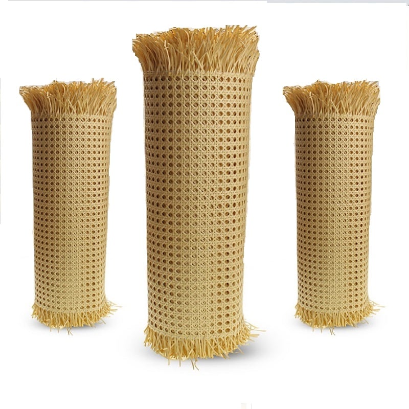 Roll of woven synthetic rattan webbing in beige or brown