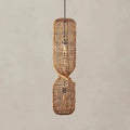 Tall pendant light made of two stacked woven rattan cylinders