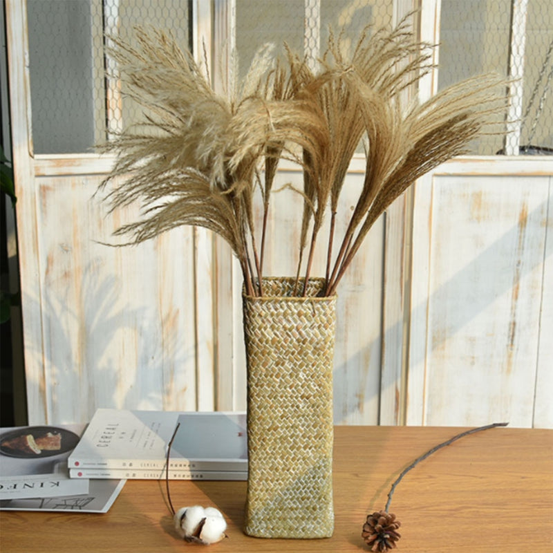 Tall square woven seagrass vase