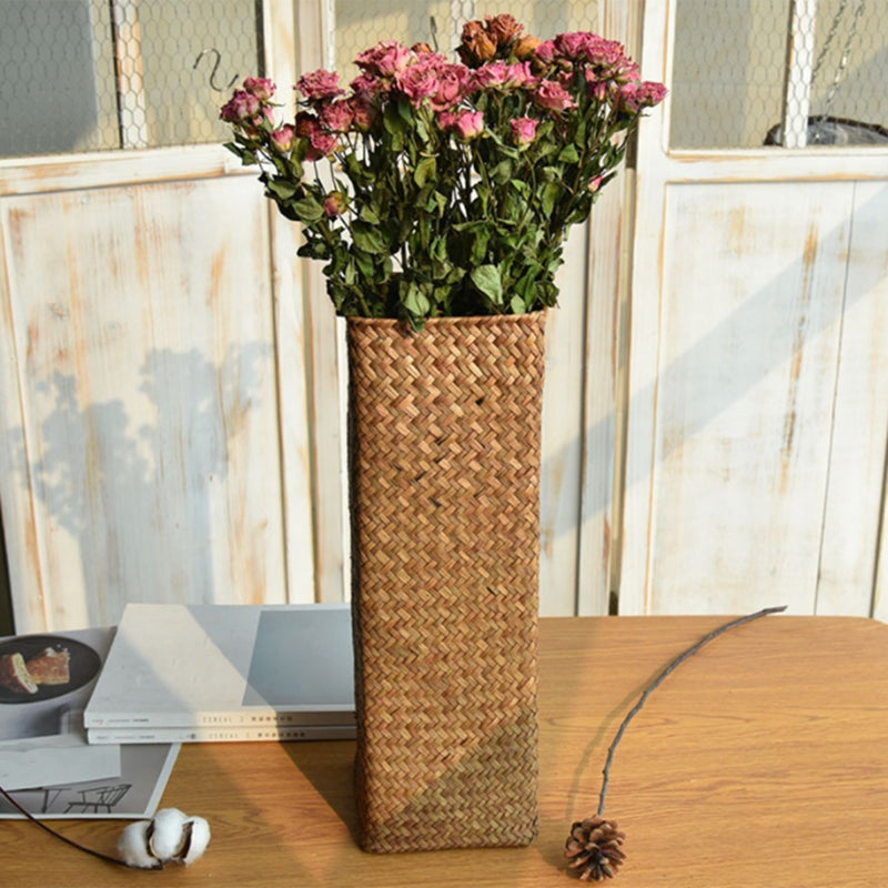 Tall square woven seagrass vase