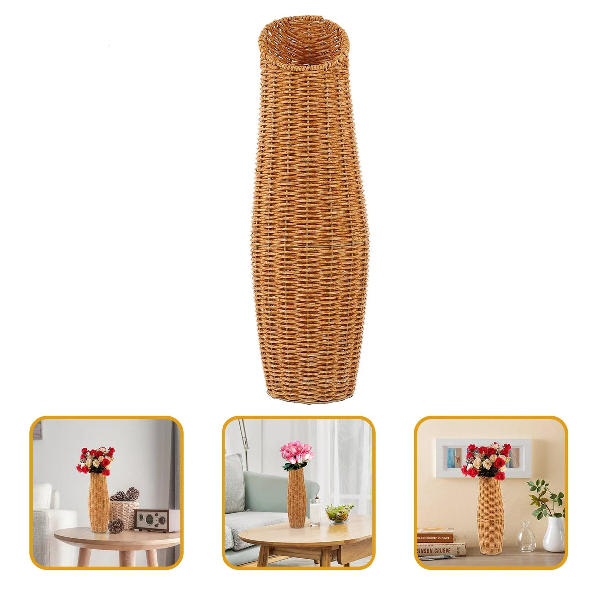 Tall cylinder vase in handwoven brown wicker