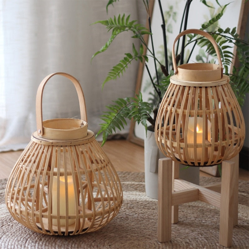 Tall slender hand woven natural rattan decorative lantern