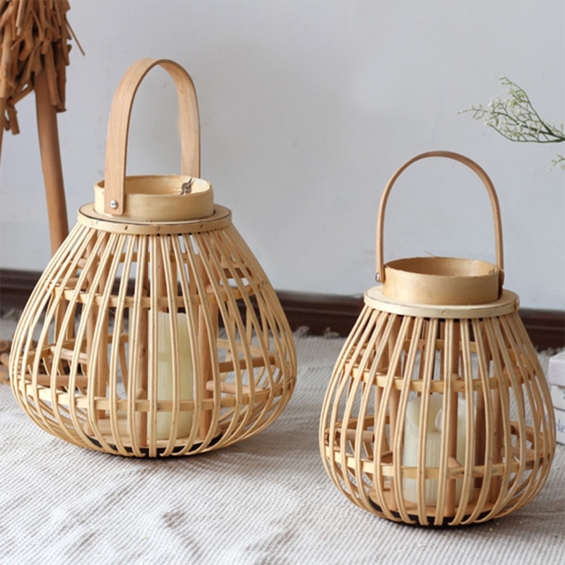 Tall slender hand woven natural rattan decorative lantern