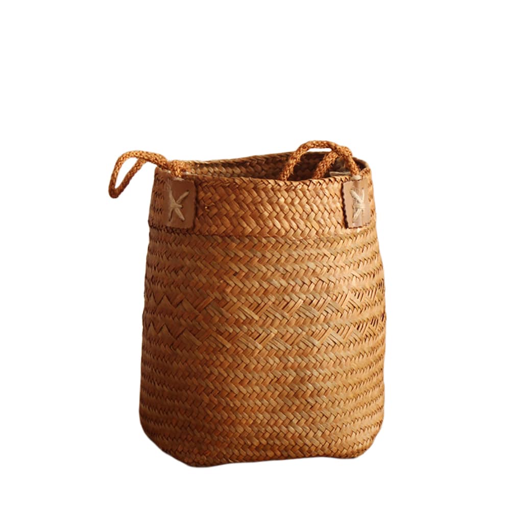 Tall woven brown basket with rattan handles