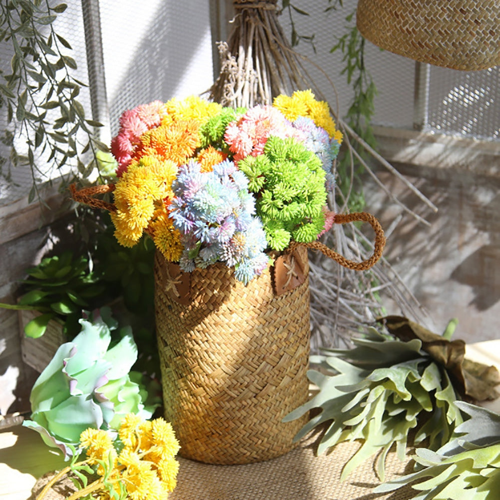 Tall woven brown basket with rattan handles