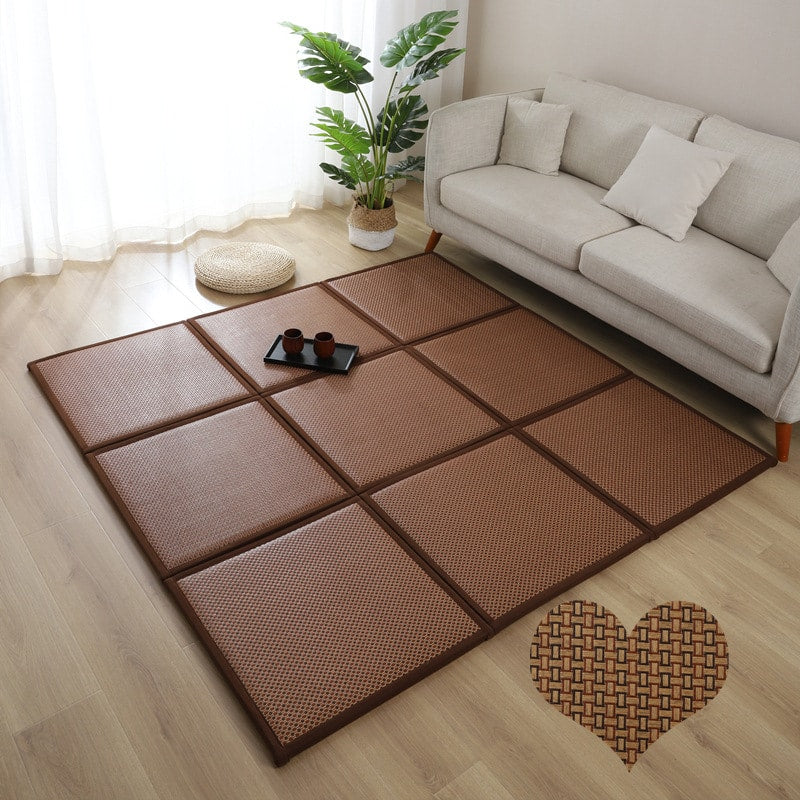 Thick folding Japanese bamboo floor mat in brown with nine panels