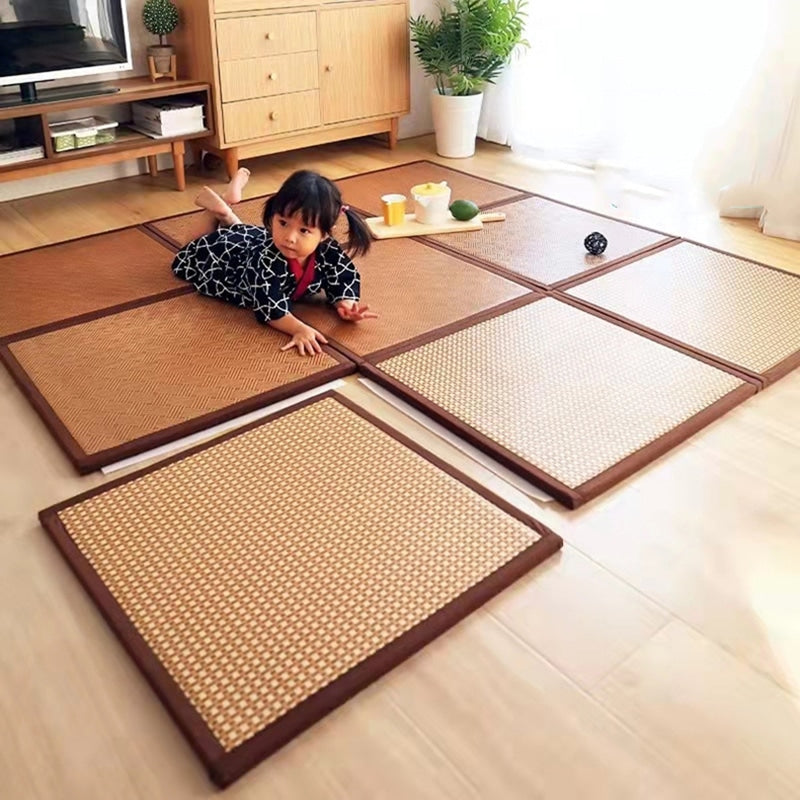 Thick folding Japanese bamboo floor mat in brown with nine panels