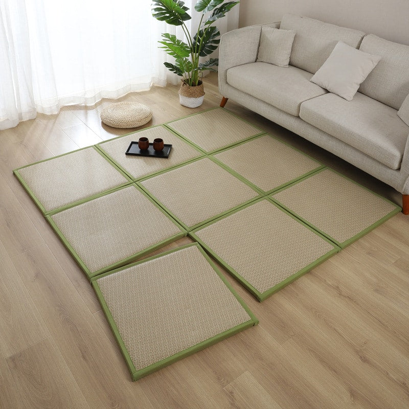 Thick folding Japanese bamboo floor mat in brown with nine panels