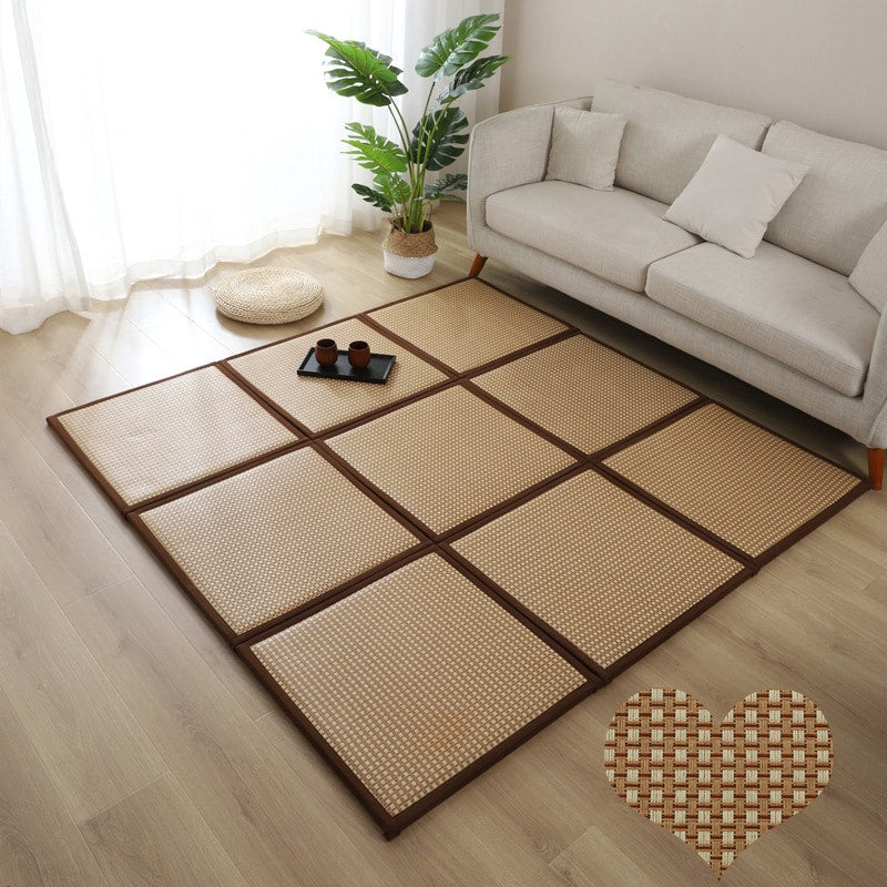Thick folding Japanese bamboo floor mat in brown with nine panels