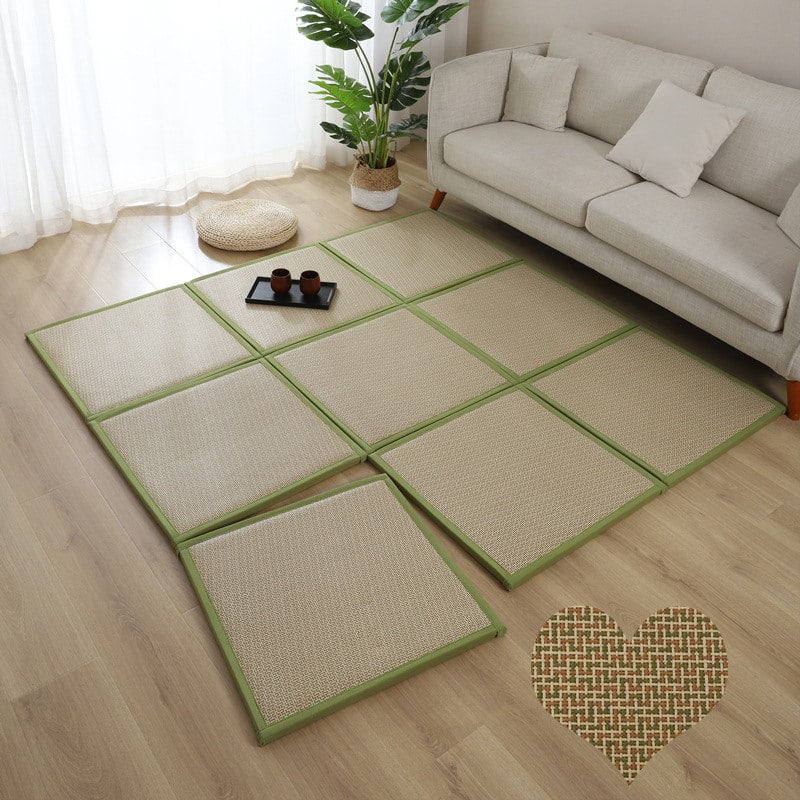 Thick folding Japanese bamboo floor mat in brown with nine panels