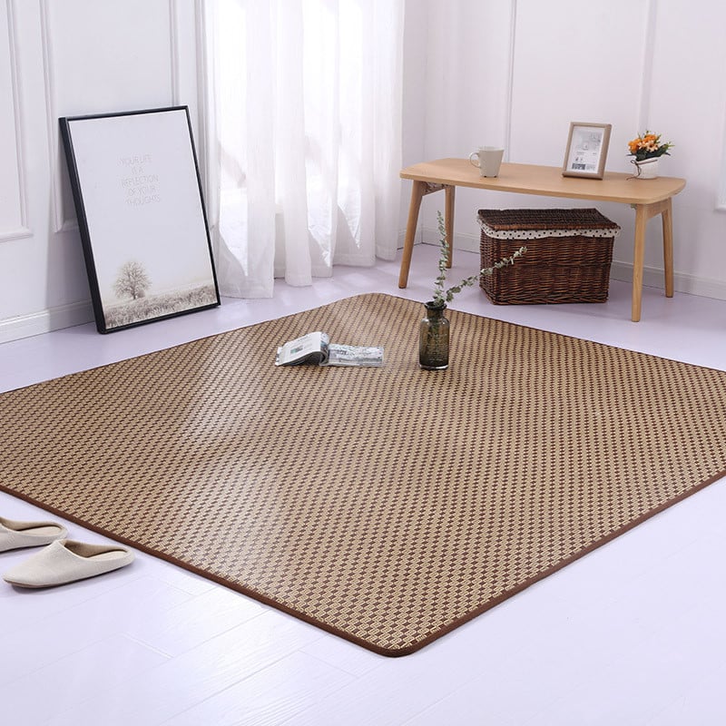 Thick woven rattan tatami mat in a bright living room