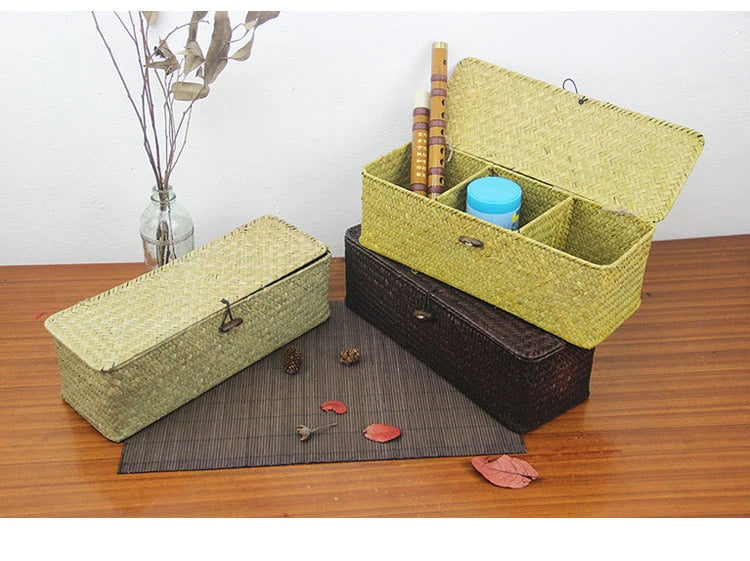 Long woven rattan and wicker box with three compartments and a lid