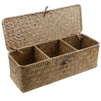 Long woven rattan and wicker box with three compartments and a lid