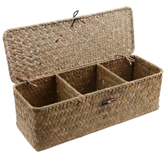 Long woven rattan and wicker box with three compartments and a lid