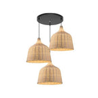 Three woven bamboo bell shades hanging from a round black canopy