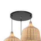 Three woven bamboo bell shades hanging from a round black canopy
