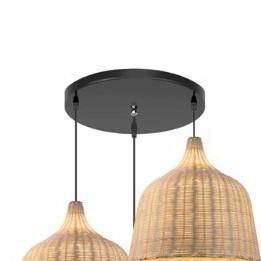 Three woven bamboo bell shades hanging from a round black canopy