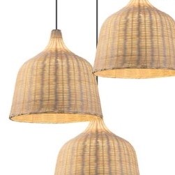 Three woven bamboo bell shades hanging from a round black canopy