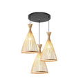 Three woven bamboo cone shades hanging from a round black canopy