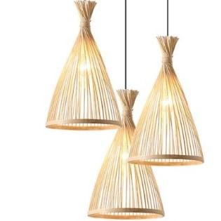 Three woven bamboo cone shades hanging from a round black canopy