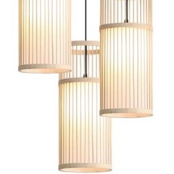 Three woven bamboo cylinder shades hanging from a round black canopy