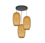 Three woven bamboo olive shades hanging from a round black canopy