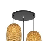 Three woven bamboo olive shades hanging from a round black canopy