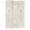 Gray three panel room divider in mango wood with hand carved geometric patterns