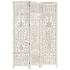 Gray three panel room divider in mango wood with hand carved geometric patterns