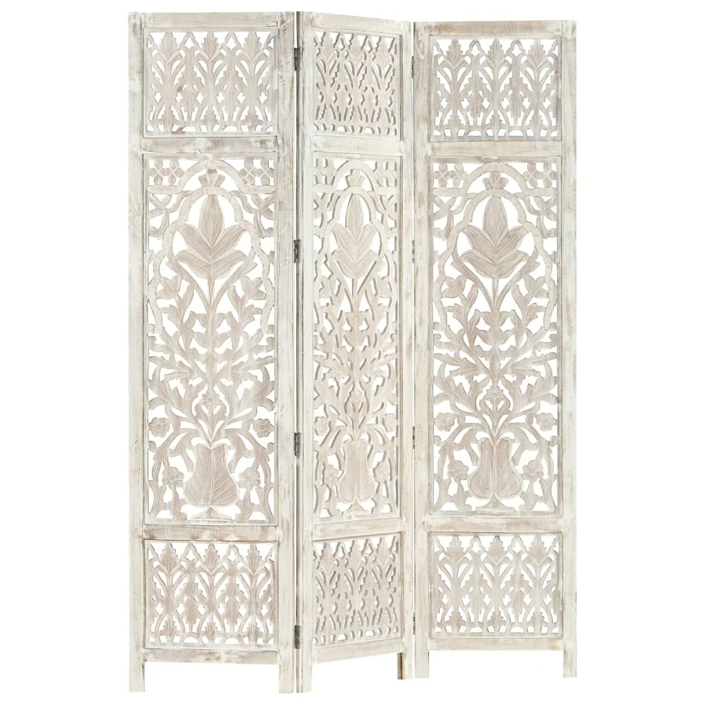 Gray three panel room divider in mango wood with hand carved geometric patterns
