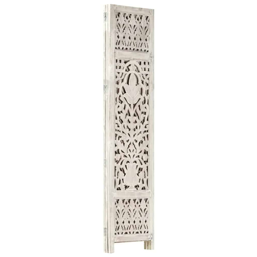 Gray three panel room divider in mango wood with hand carved geometric patterns