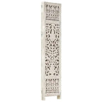 Gray three panel room divider in mango wood with hand carved geometric patterns