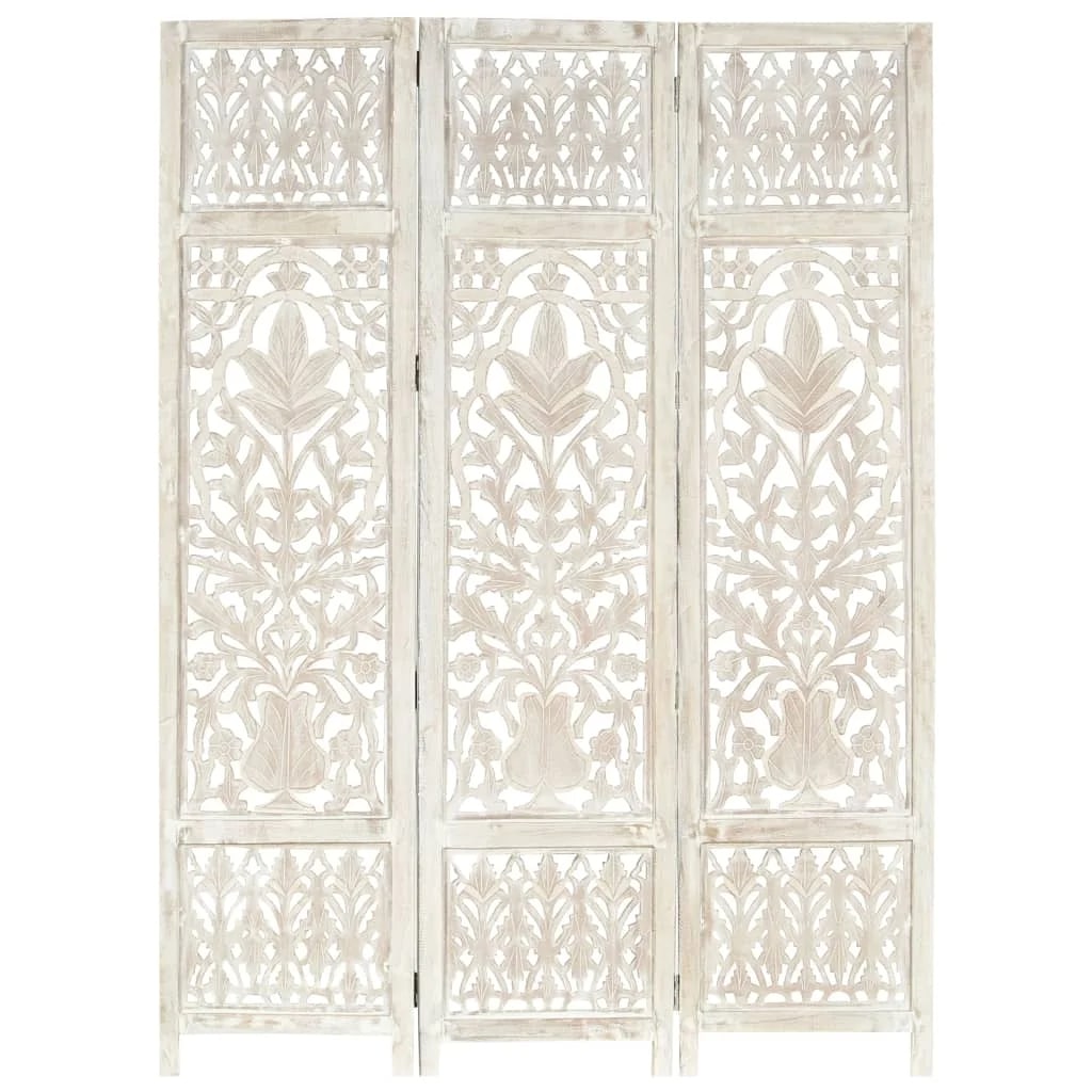 Gray three panel room divider in mango wood with hand carved geometric patterns
