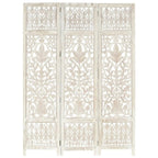 Gray three panel room divider in mango wood with hand carved geometric patterns