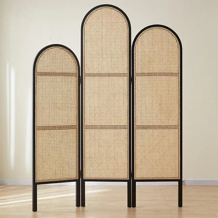 Three panel room divider with a dense hand woven rattan weave on a wood frame