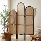 Three panel room divider with a dense hand woven rattan weave on a wood frame