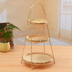 Three tier fruit basket stand with woven trays on a bamboo frame